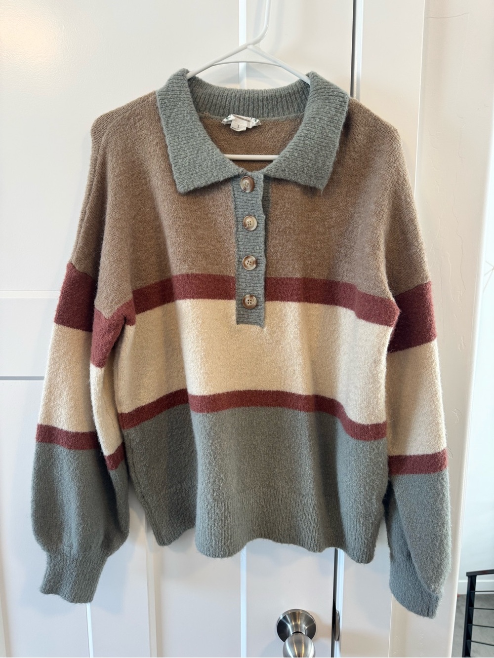 Love Riche Women's Striped V-Neck Polo Sweater in Sage, Cream & Brown